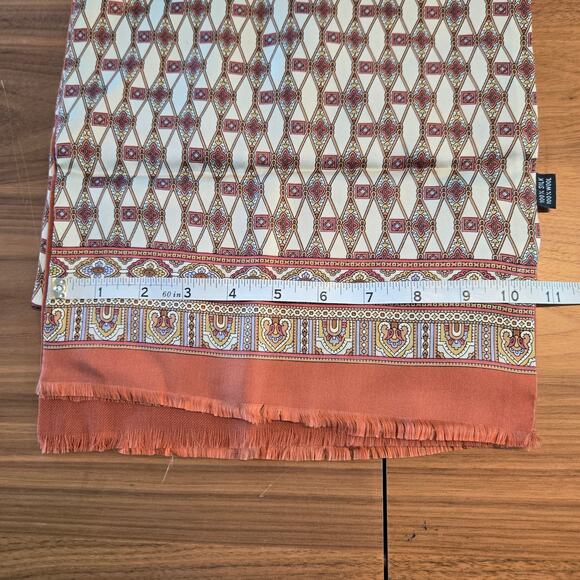 Scarf Long Rectangle Geometric Fringed Silk Wool Blend Neutral 11 x 54 - Picture 2 of 6